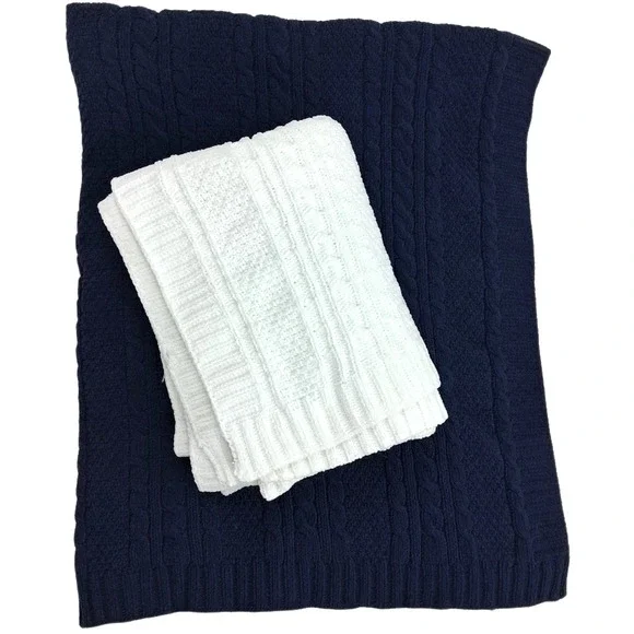 Nordstrom‎ Solid Navy Blue & White Baby Blanket Lot Cable Knit 2pc Unisex EUC