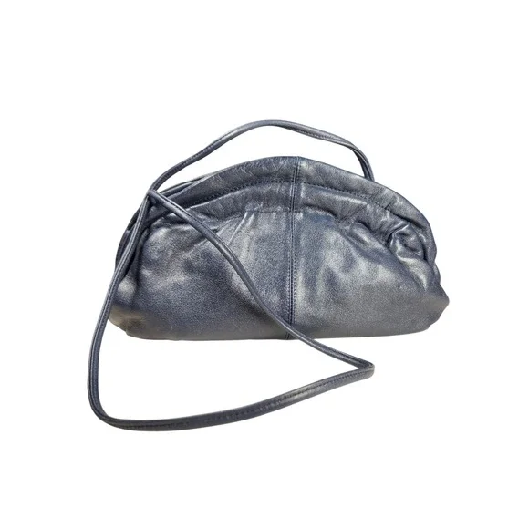Vintage Blue Leather Cloud Pouch Slouchy Dumpling Bag Crossbody Clutch 90s Retro
