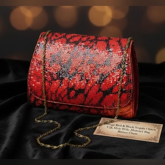 Vintage Red & Black Sequin Clutch In Abstract Pattern Convertible Chain Strap