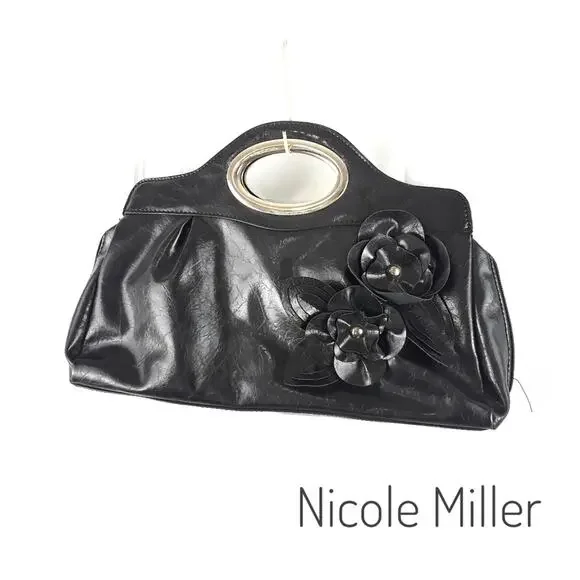 NICOLE MILLER Black Faux Leather Clutch Purse with Flowers Vegan Leather
