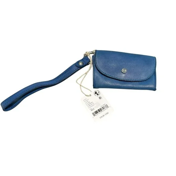 Free People Blue Leather Tri Fold Wallet Wristlet Keychain NWT