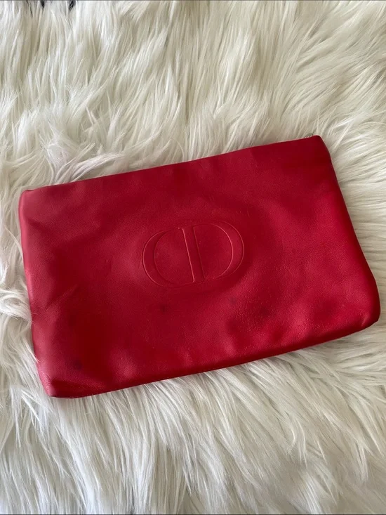 Christian Dior red/pink faux leather makeup bag-Embossed Logo