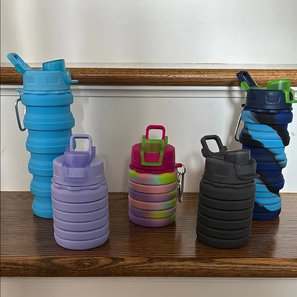 Collapsible Silicone Water Bottle Set - Blue, Purple, Black, Multicolor