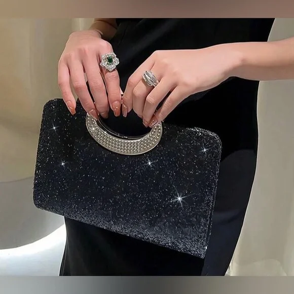 Black Glitter Evening Clutch Handbag