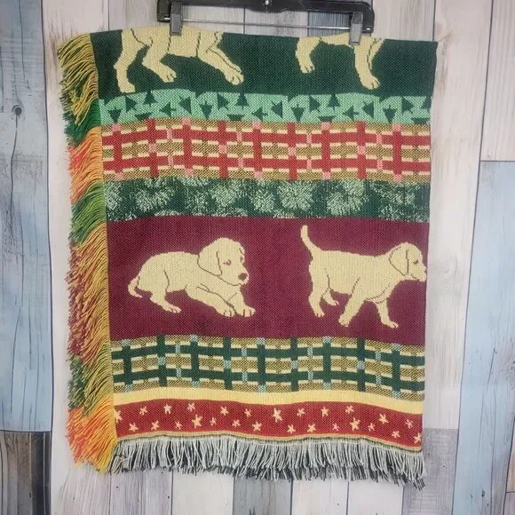 Dog Puppy Pattern Blanket Afgan Red Green Fringe Sides