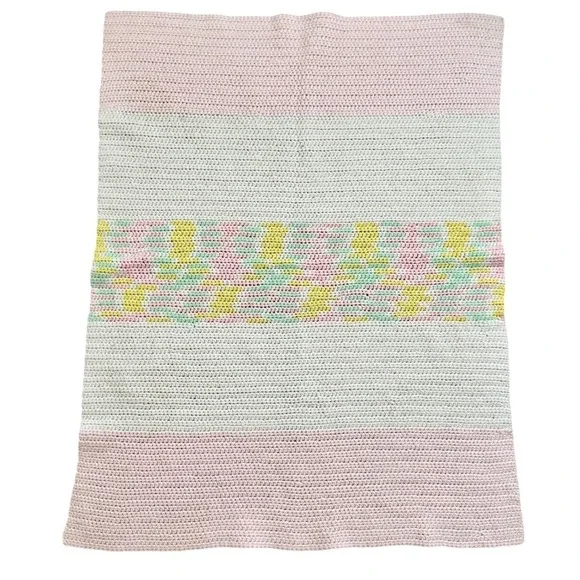 Handmade Crochet Baby Blanket Pink Cream Yellow Pastel‎ Striped Throw 33X26