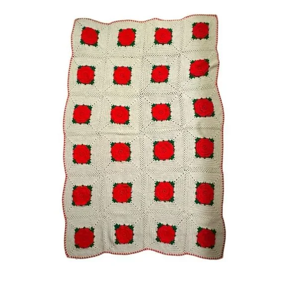 Vintage Crochet Granny Rose Square  Cottagecore Farmhouse Afghan Throw Blanket