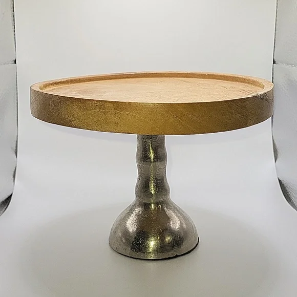 Wood and Aluminum Pedestal Cake Stand. Rubber Bottom for Easy Grip.