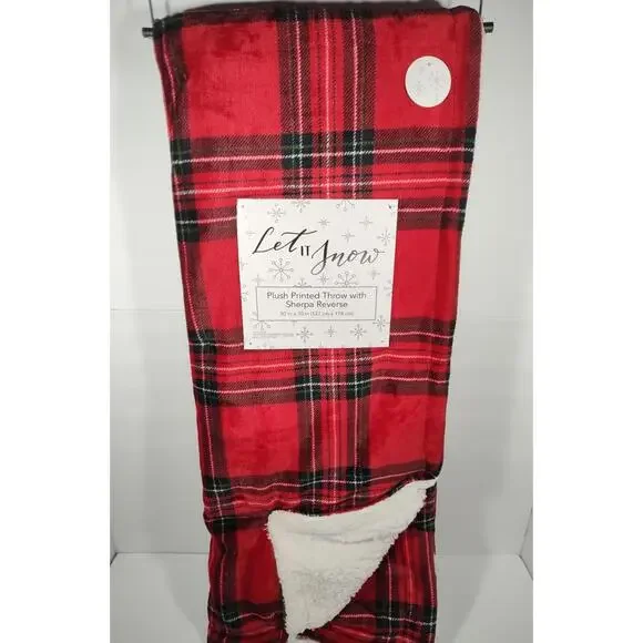 Let It Snow Plush Printer Throw  Sherpa Reverse 50X70 Red Plaid Print NWT
