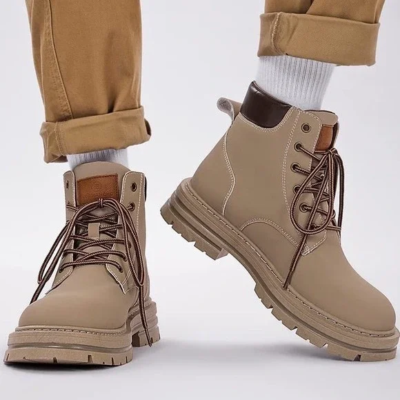 Koonexy Mens Beige Winter Boots Faux Fur Lined Lace Up Lug Sole Sz 12