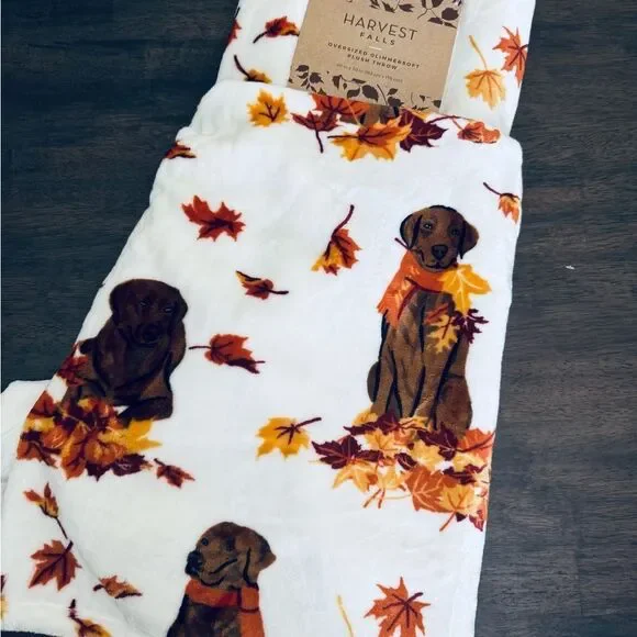 Plush Fall Halloween Chocolate Lab Dog Leaves Throw Blanket