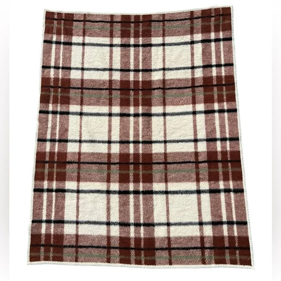VTG Biederlack Made in USA Plush Plaid Fleece Brown Cabin Camping Blanket 70x55”