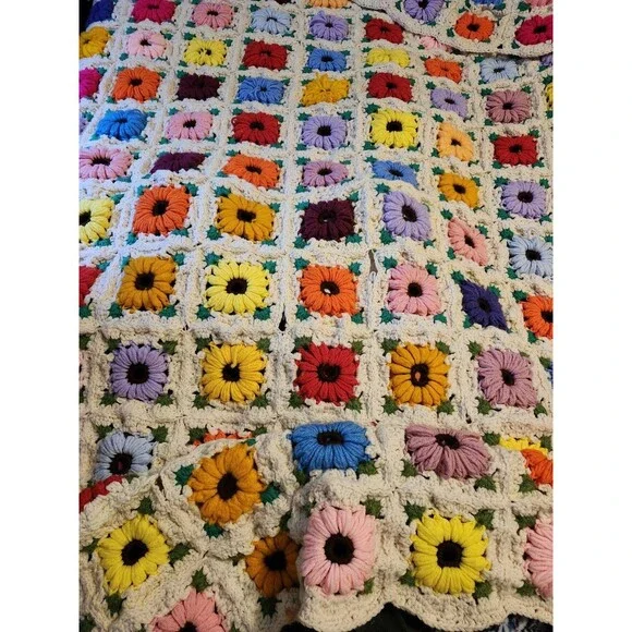 Vintage Crochet Afghan Throw Blanket Brwn unique Gran handmade Boho Hippie 72x75