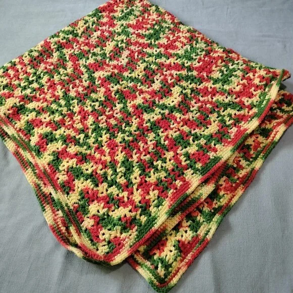 Vintage 70s Crochet Afghan Throw Blanket Red Green Yellow 50
