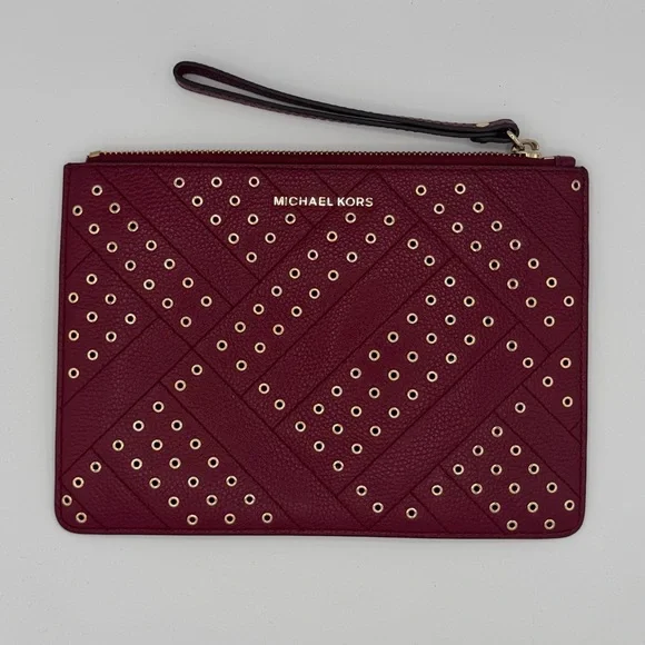 Michael Kors Jet Set Travel XL Zip Stud Clutch Wristlet Pebbled Leather Mulberry