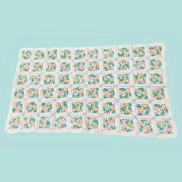 Vintage Granny Square Crochet Baby Blanket Afghan Pastels 54 x 32 Inch Handmade