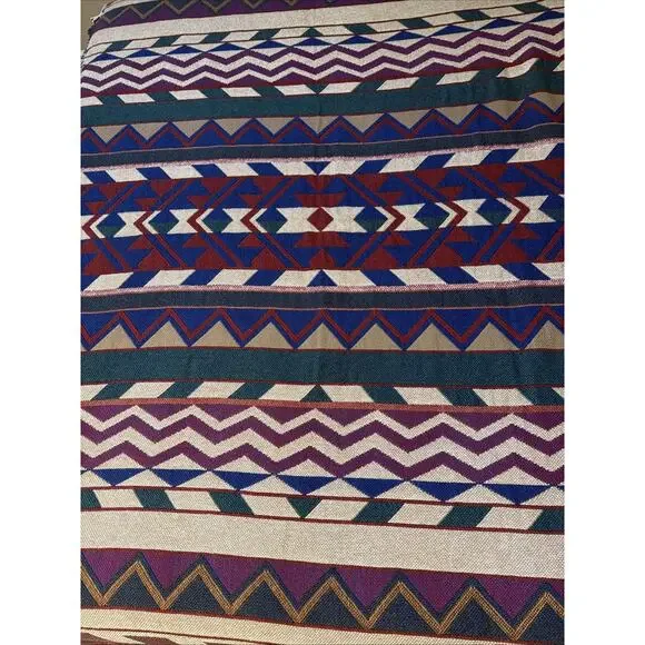 Vintage Tapestry Throw Blanket 1990s Southwestern Fringe Woven Western Red Aztec