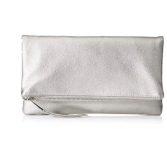The Drop Women Southampton Foldover Clutch Metallic Silver Pebbled Faux Leather‎