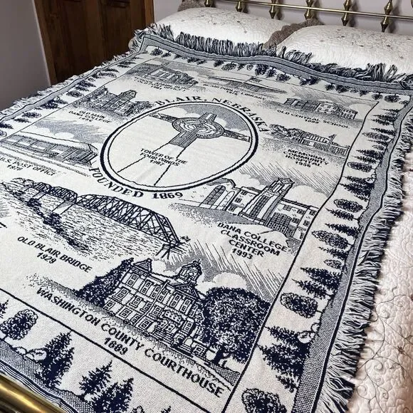 Vintage Blair Nebraska Tapestry Throw Blanket Blue & White Approx 60x48