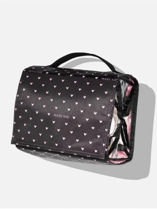 NWT Mary Kay Black Cosmetic Train Case with Pink Heart Pattern