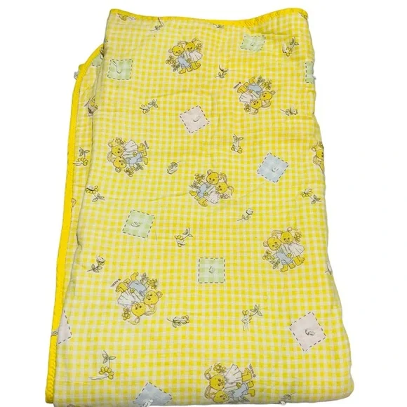 VTG Reigel Baby Blanket Comforter Bunny Bear Yellow Gingham Flowers 55”x44”