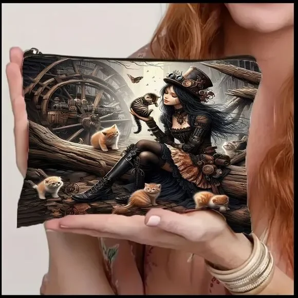 Steampunk Girl & Kittens Cosmetic Bag - Black and Brown