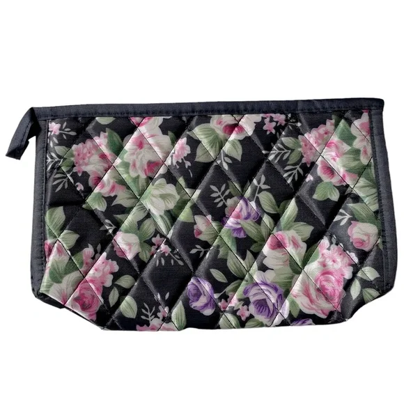 Cosmetics Makeup Bag Pouch Quilted Satin Black and Floral Zip Closure