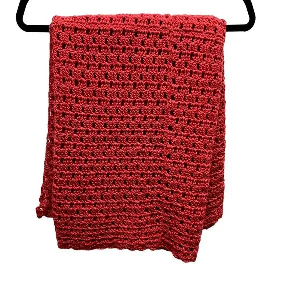 Handmade‎ Red Open Weave Blanket, Throw 34