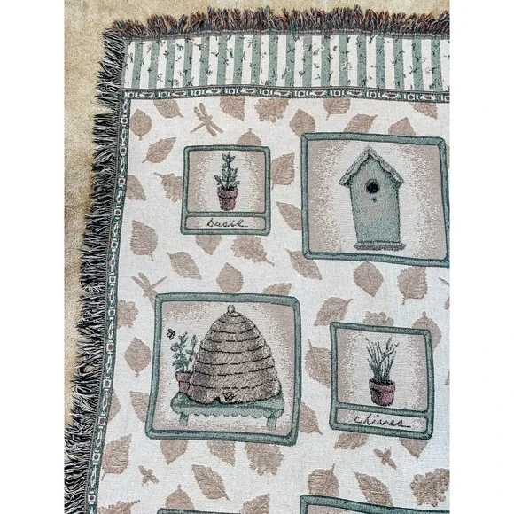 Vintage Pfaltzgraff Naturewood Woven Throw Blanket Afghan Birdhouse Garden 49x60