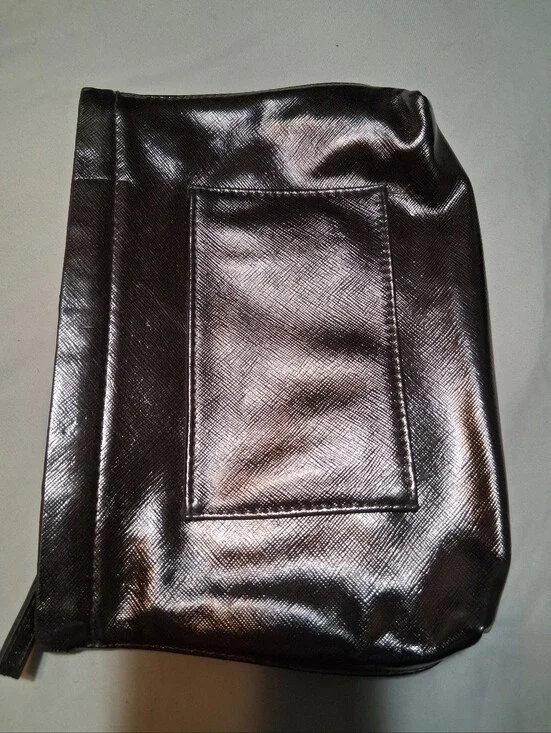Lancome Paris Metallic Pewter Bronze Saffiano Cosmetic Makeup Pouch Bag Case