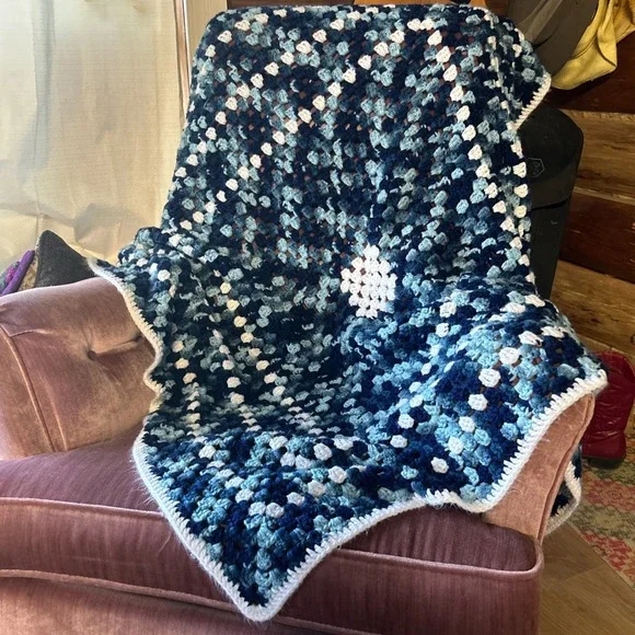 Handmade Blue&White Crochet Granny Square Throw Blanket