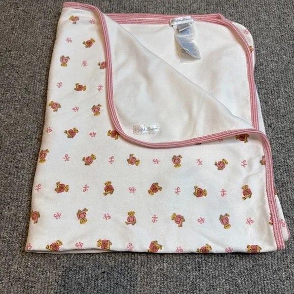 RALPH LAUREN Receiving Blanket White w/ Pink Trim Teddy Bears Girls EXCELLENT