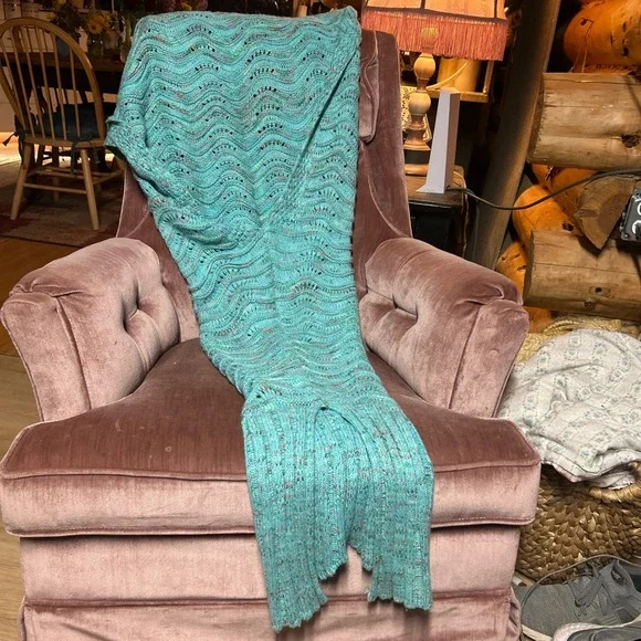 Handmade Mermaid Tail Crochet Blanket Aqua Blue Confetti Knit Cocoon Throw