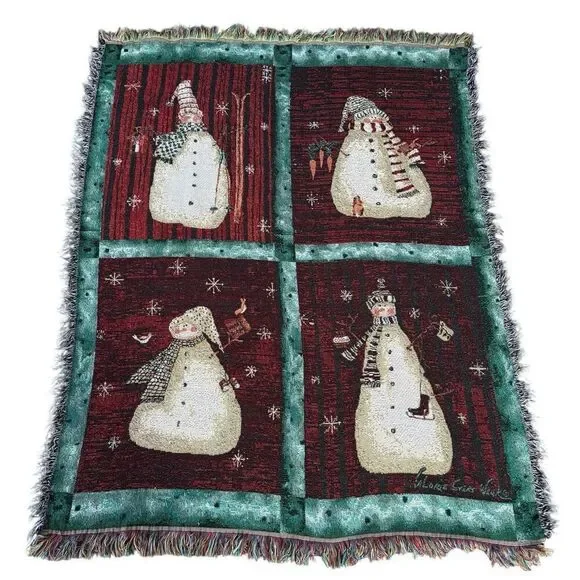 Mohawk Home vintage tapestry blanket Primitive Snowmen art Valorie Evers Wenk