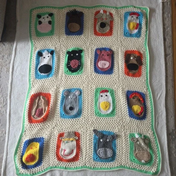 Granny‎ Square Crochet Aphgan Farm Zoo Animal 3D Baby Blanket Buttons