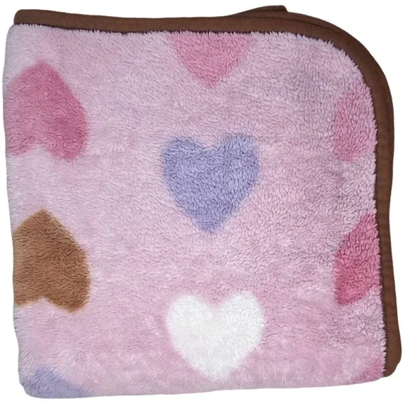 Pink Fleece Heart Baby Blanket Brown Trim Purple White Thick Security Lovey‎ Htf
