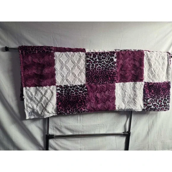 Minky Mama Patchwork Minky Blanket 46x57 Purple White Leopard Plush Throw Soft