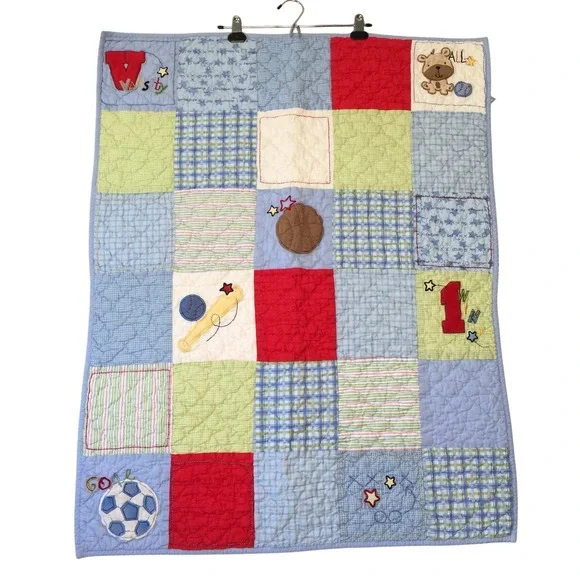 Carters Child of Mine Baby Quilt Blanket Blue Sports Puppy Patchwork Cotton