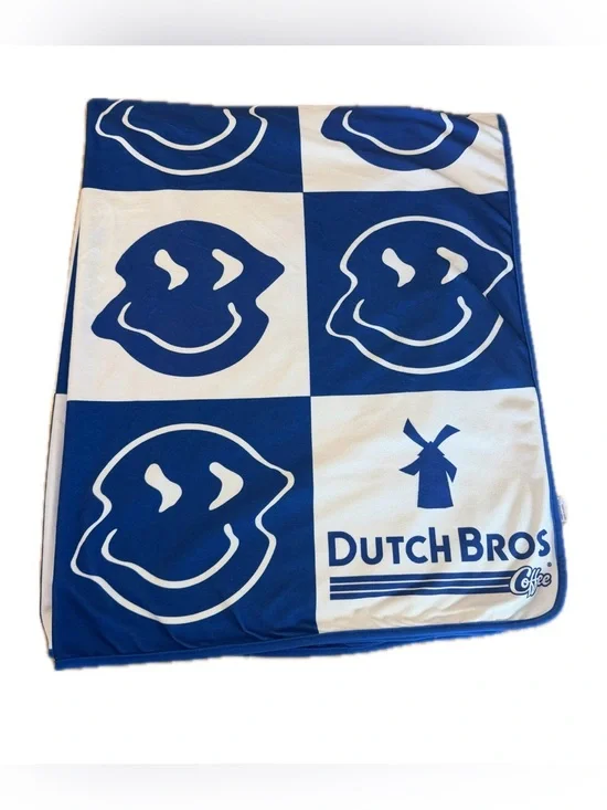 Dutch Bros Blanket Blue White Yellow Reversible Happy Face 48