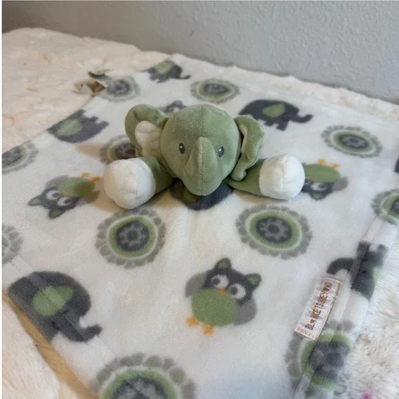 Blankets & Beyond Green Elephant Owl Baby Security Blanket Lovey Fleece White