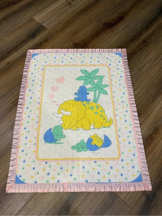 Vintage Baby Dinosaur Crib Quilt Blanket 44x34 Pink Satin Trim Nursery Decor