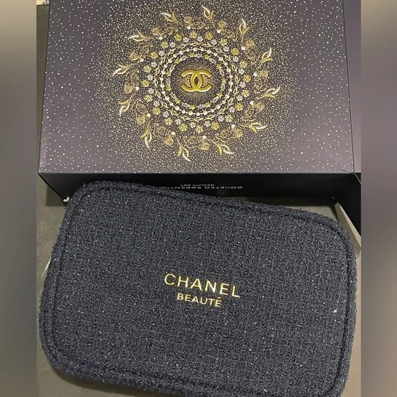 Chanel Black TWEED Cosmetic Case with Gold Accents