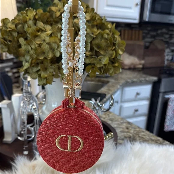 Dior Beauty Red and Gold Vanity Bag with Pearl Handle