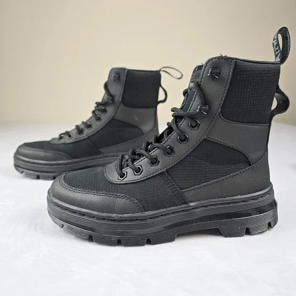 Dr Martens Combs‎ Tech Black Leather Nylon Combat Boots Mens 5 Womens 6