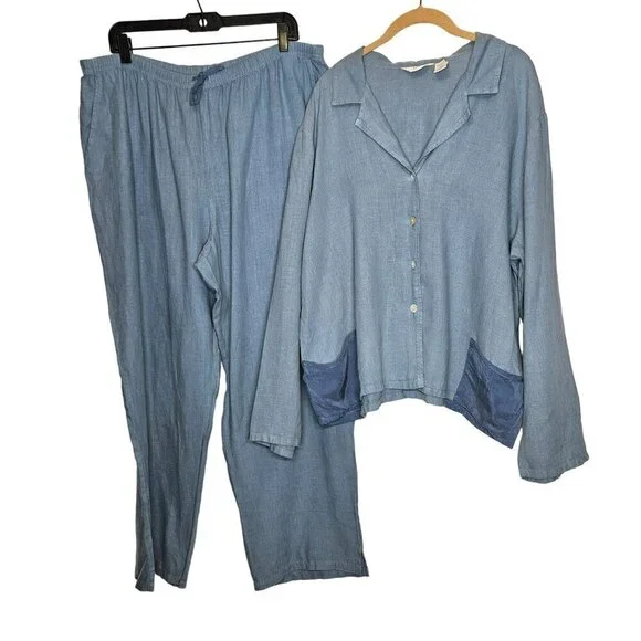 J.Jill Women's XLP Petite Blue Linen‎ Rayon Two-Piece Lagenlook Set With Pockets
