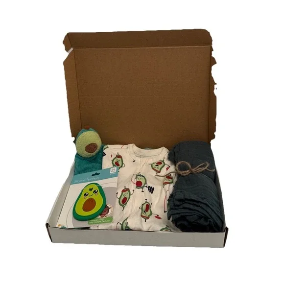Unisex Baby Shower Newborn Avocado Theme Present, PJ's, Lovey, Blanket & Teether
