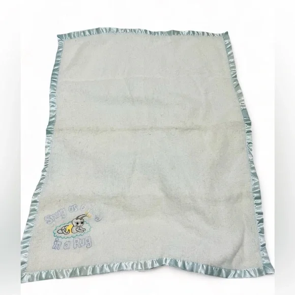 VTG Baby Blanket Blue Satin Trim SNUG AS A BUG IN A RUG 100% Acrylic Embroidered