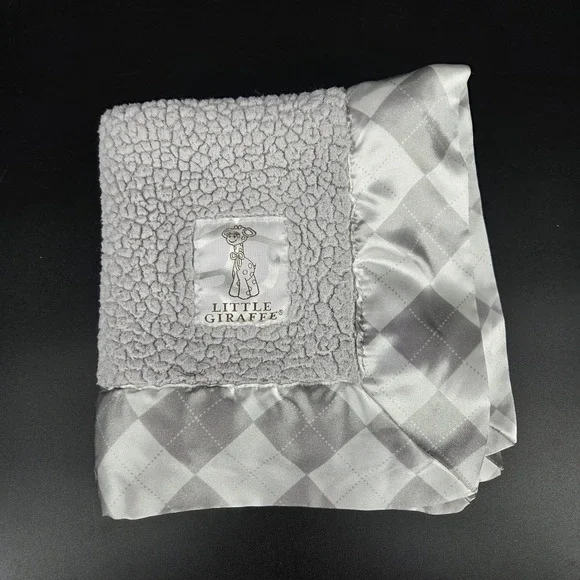 Little Giraffe Chenille Baby Lovey Blanket Grey White Plaid Satin Trim Luxe
