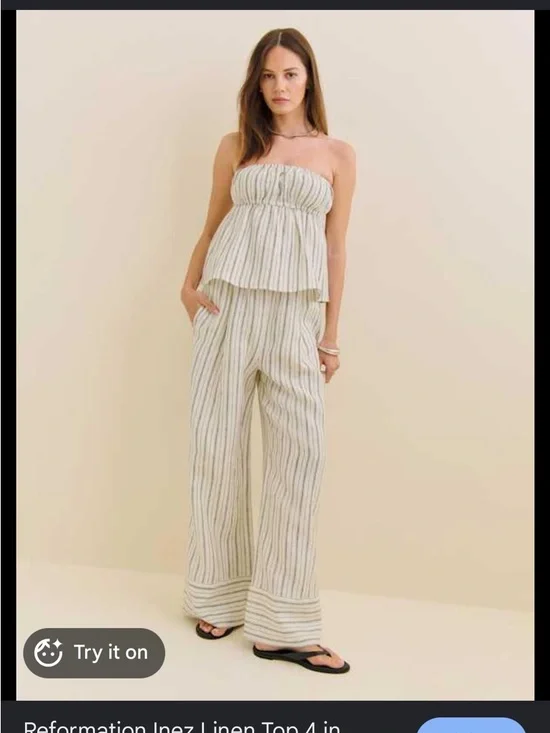 Reformation Inez Linen Two Piece Set Natural Stripe Top 4 Pants Medium Petite