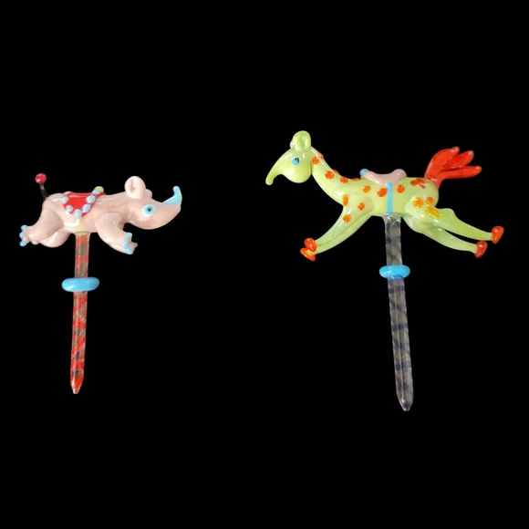 Art Glass Whimsical & Colorful Animal Birthday Candle Holders Set of 2 PRE-LOVED
